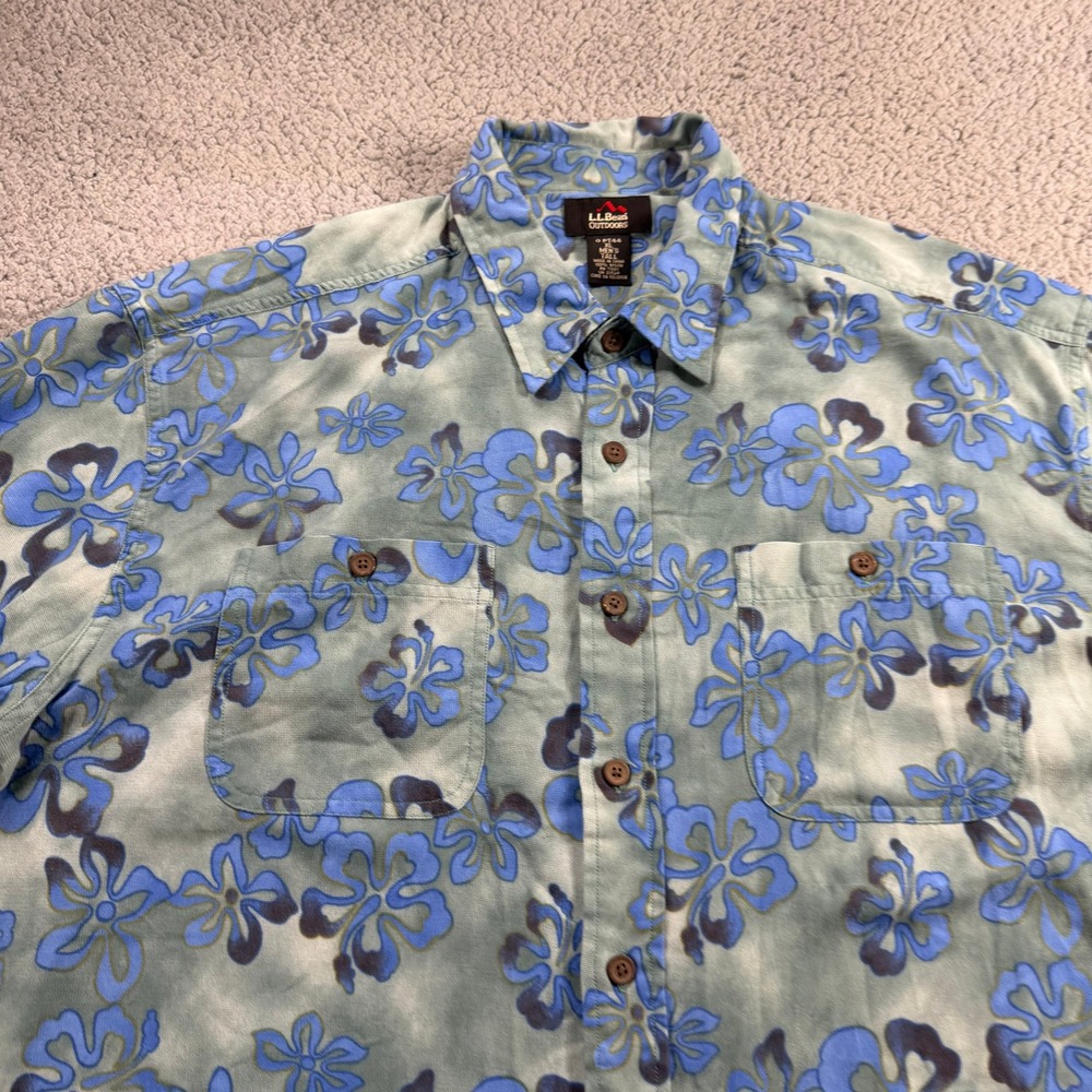 LL Bean Outdoors Mens XL Tall Floral Hibiscus Nylon Fishing Shirt Green Blue